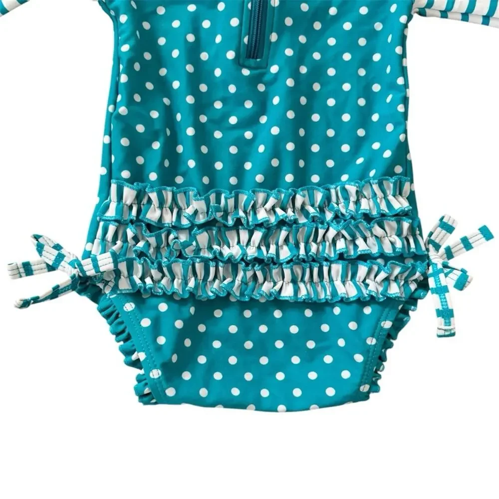 Ruffle Butts Aqua Polka Dot Long Sleeve Rash Guard Size 3-6 M
